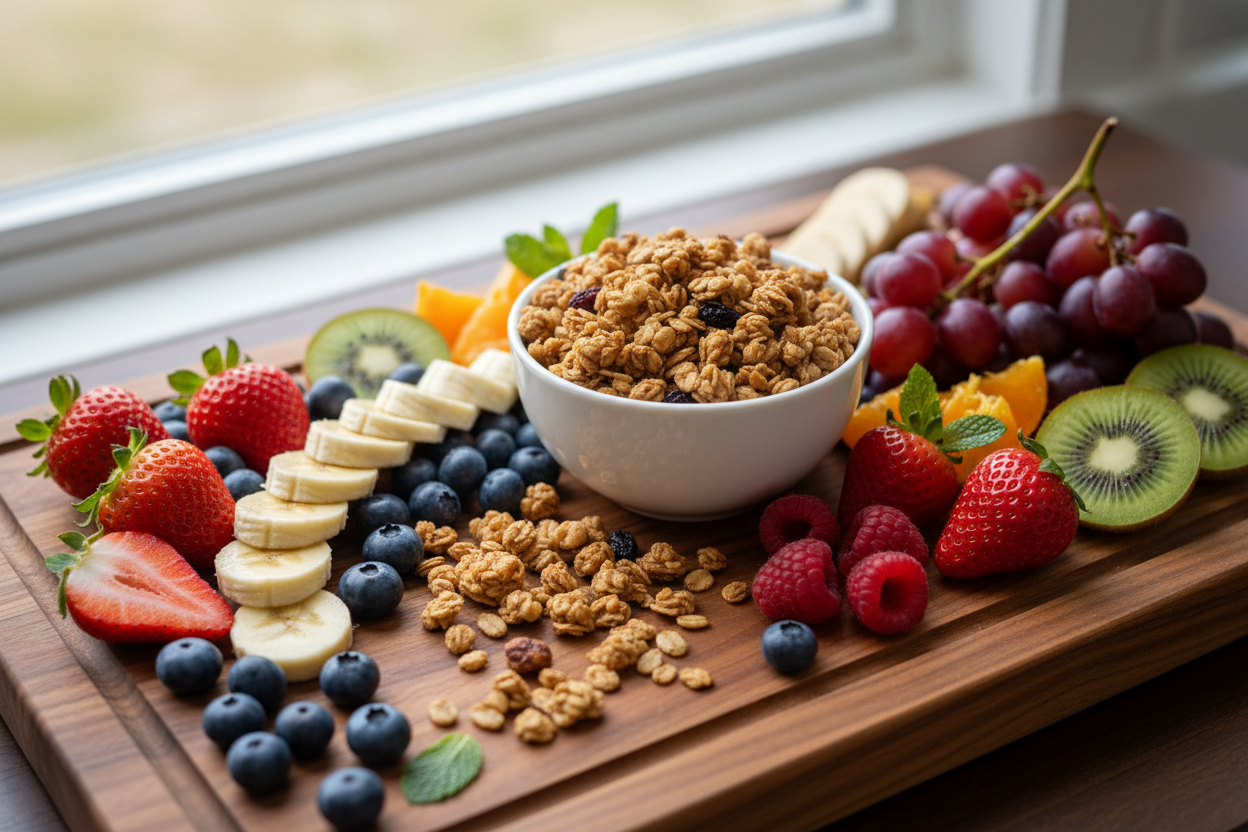 a serving board with granola and a variety of fruits